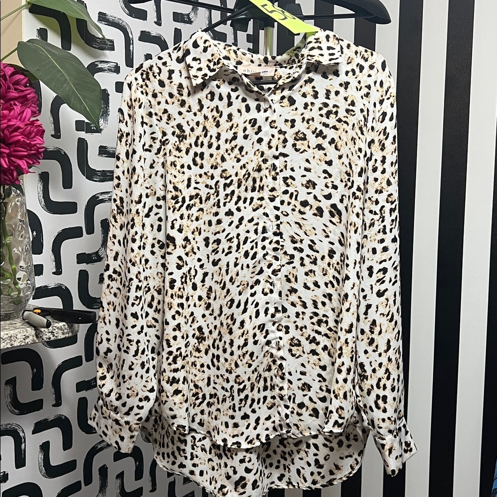 #58 philosophy, cheetah print button down long sleeve shirt